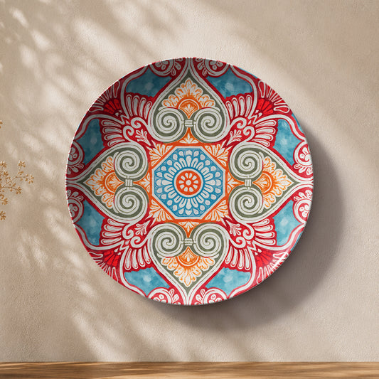 Indian ornamental ceramic wall plate souvenir with vibrant red, blue, orange and green patterns