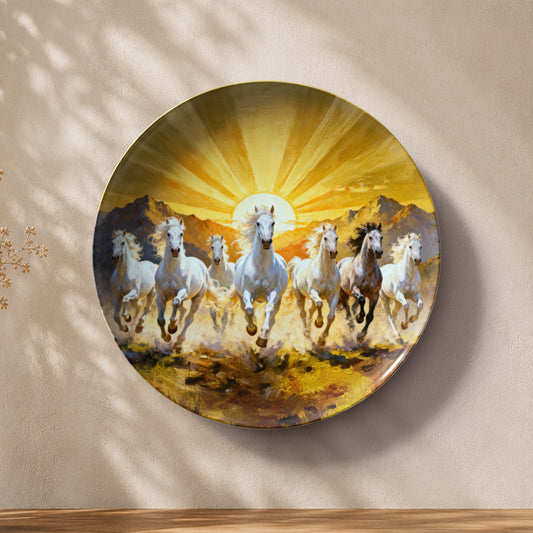 Vaastu seven horses ceramic wall plate featuring running horses in a vibrant golden landscape