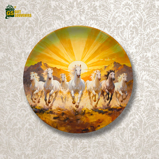 Seven horses wall plate in warm golden sunrise tones