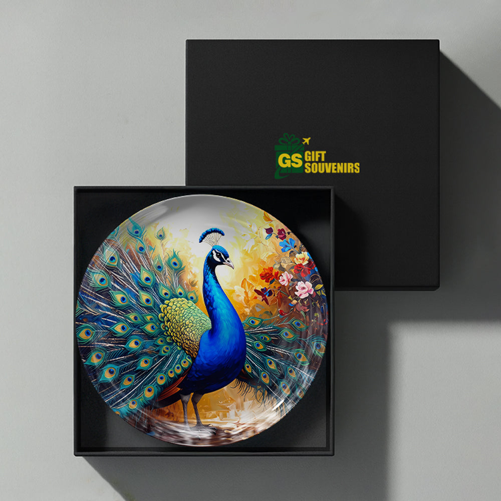 Majestic Aura Vaastu peacock ceramic wall plate presented in a premium gift box