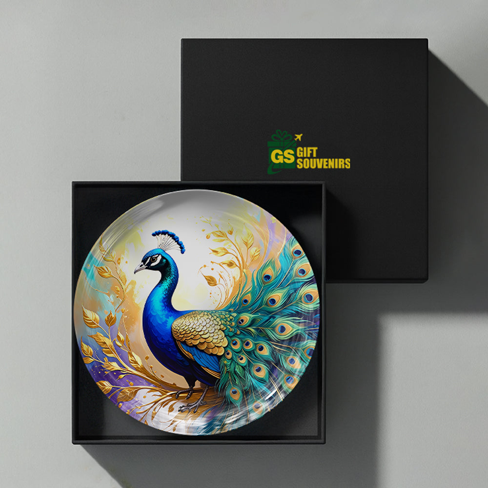 Golden Aura Vaastu peacock ceramic wall plate presented in a premium gift box for gifting and home decor