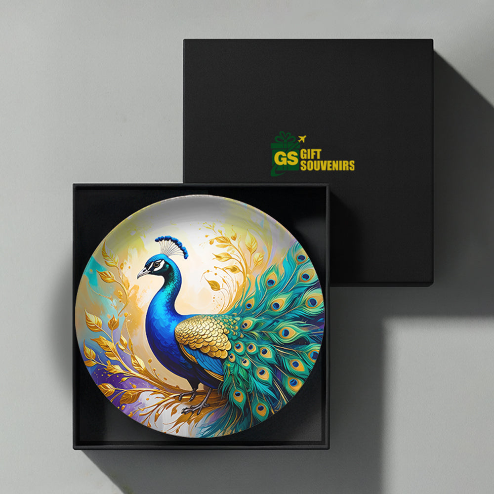 Decorative ceramic wall plate featuring vibrant peacock design