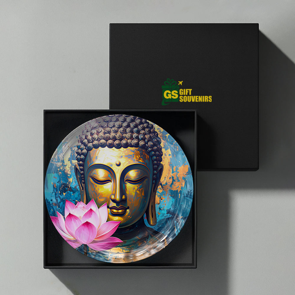 Golden Tranquility Vaastu Buddha ceramic wall plate presented in a premium gift box for gifting