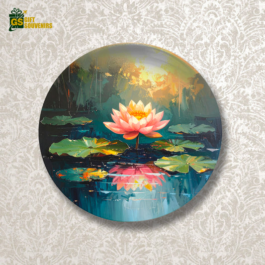 Decorative ceramic wall art featuring pink lotus and sunlight