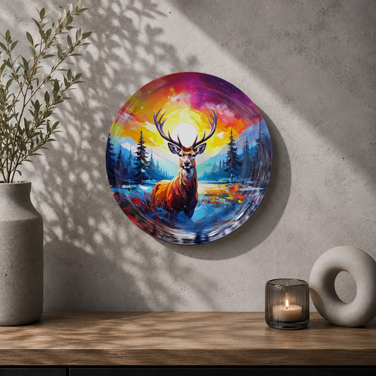 Modern deer ceramic wall plate featuring a deer, mountains, trees and dramatic sunrise colours