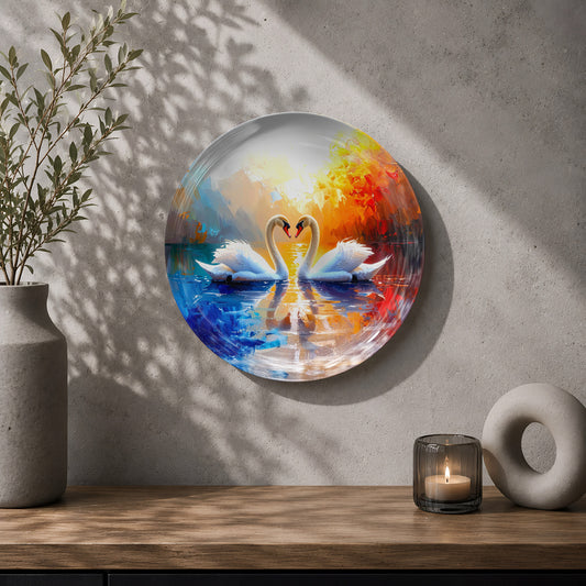 Swan ceramic wall plate souvenir with blue water, golden light and vibrant orange sunset artwork
