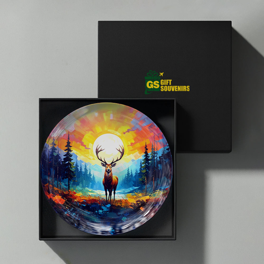 Wildlife art ceramic wall plate souvenir with premium gift box and detailed radiant deer artwork