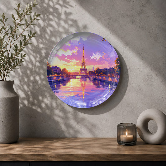 Paris Eiffel Tower ceramic wall plate souvenir with colourful dusk sky and waterfront reflections