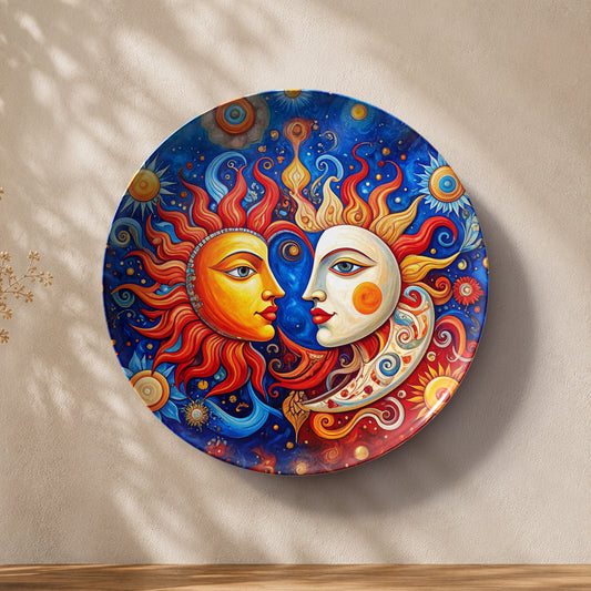 Celestial Union Vaastu ceramic wall plate featuring vibrant Sun and Moon artwork