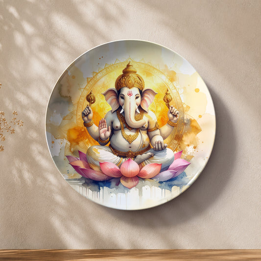 Divine Ganesh ceramic wall plate featuring Lord Ganesha seated on a blooming lotus