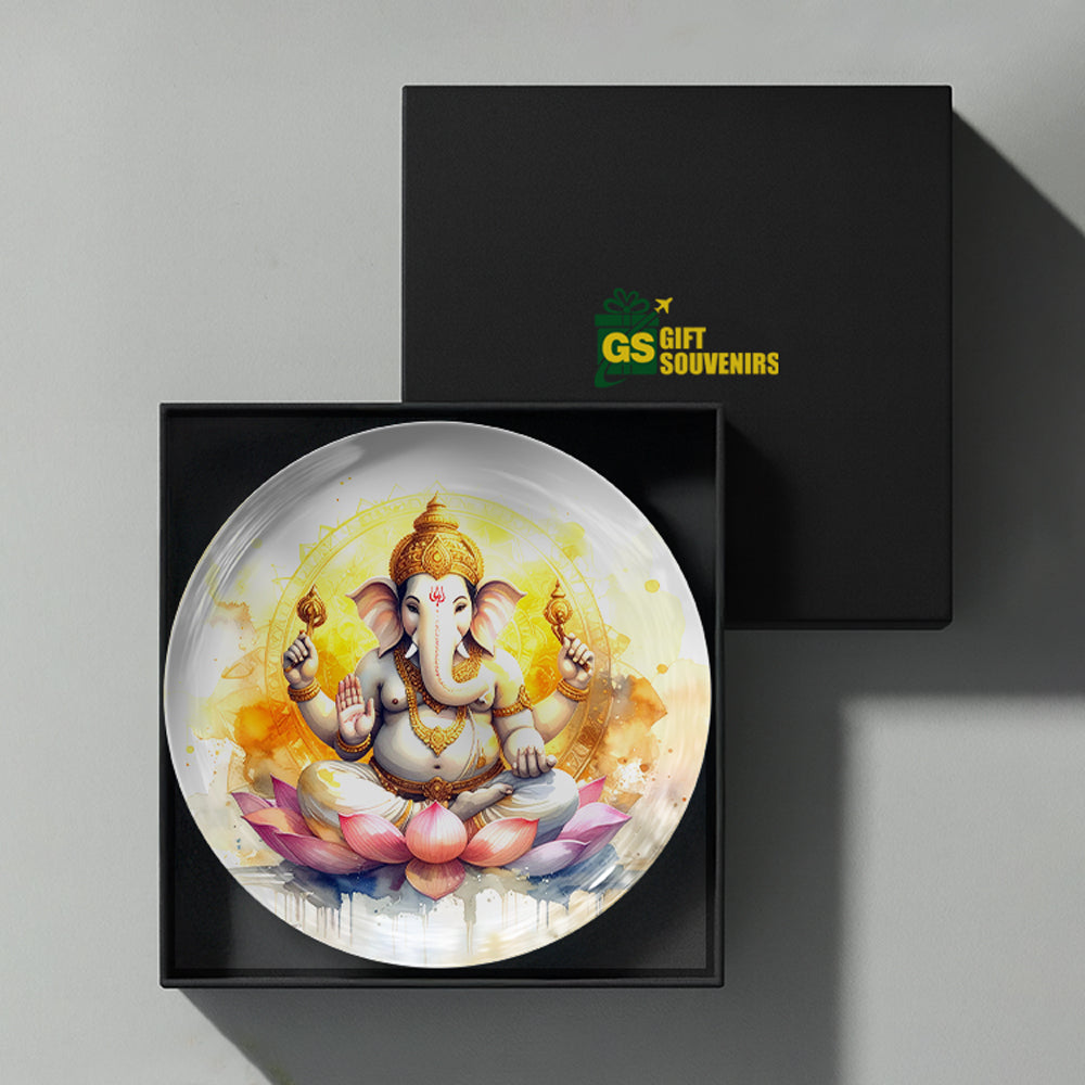 Divine Ganesh on Lotus ceramic wall plate presented in a premium gift box for auspicious gifting