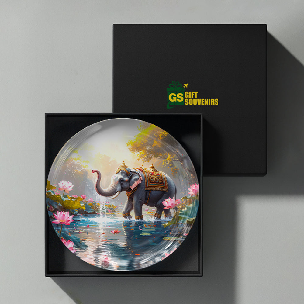 Indian elephant artwork printed on a premium ceramic wall plate with vibrant floral and natural elements.