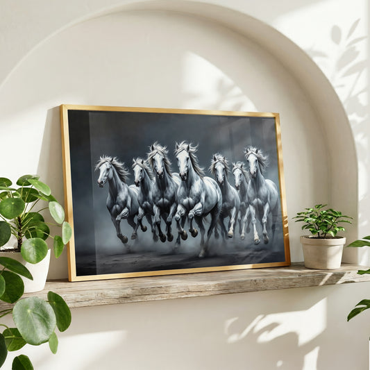 7 white horses Vaastu wall art in monochrome black white and grey tones with powerful forward movement