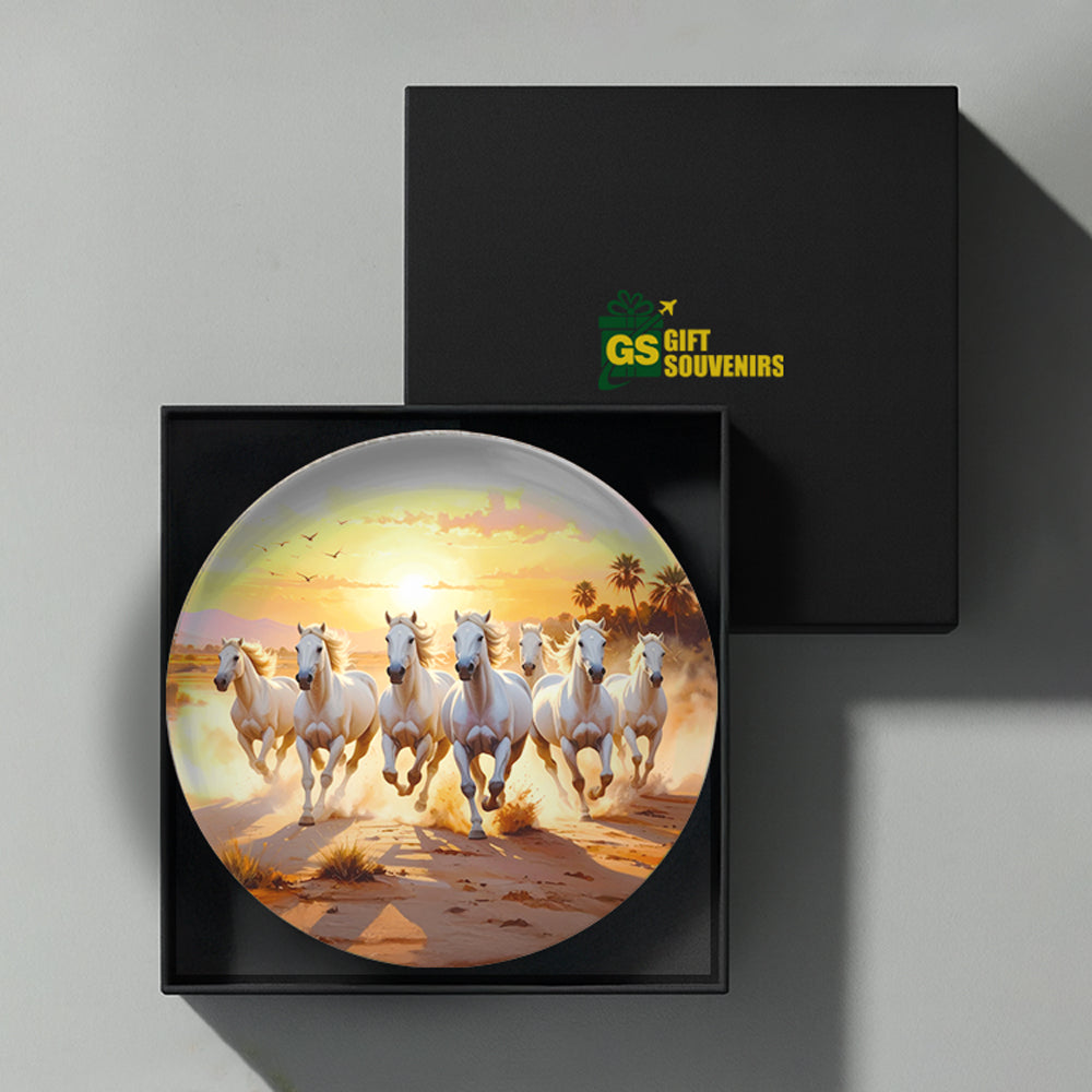 Golden Horizon – White Horses in Motion Ceramic Wall Plate