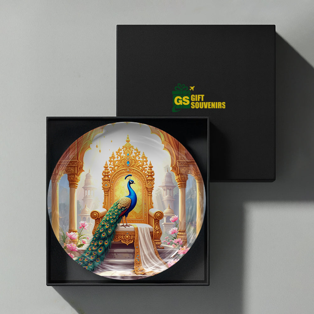 Vaastu peacock ceramic wall plate with royal palace artwork presented in a premium gift box