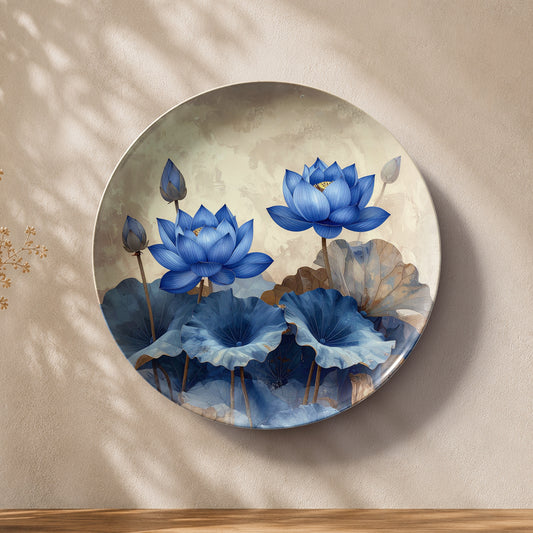 Azure Lotus Elegance decorative ceramic wall plate featuring blooming blue lotus flowers