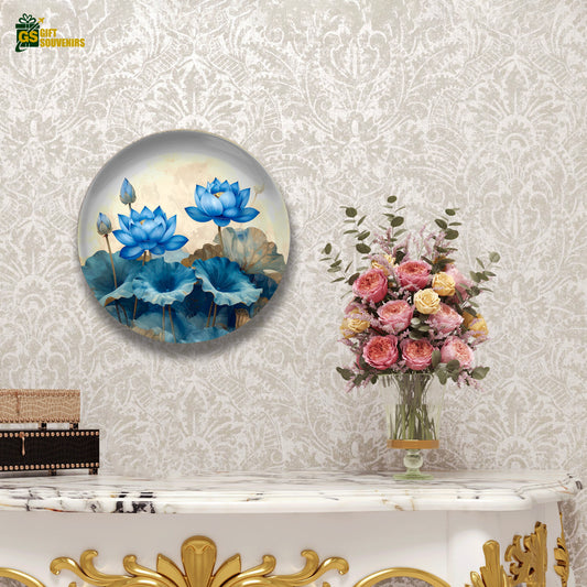 Azure Lotus Elegance – Blue Blossom Ceramic Wall Plate