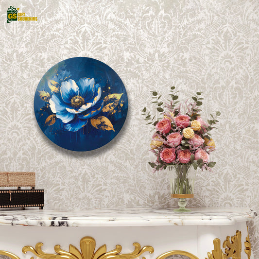 Midnight Bloom – Blue & Gold Floral Ceramic Wall Plate