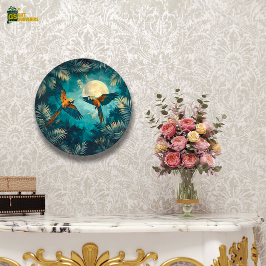 Moonlit Macaw Symphony – Tropical Paradise Ceramic Wall Plate