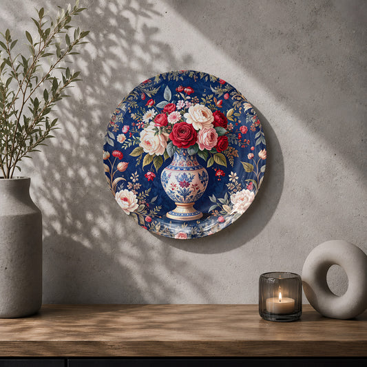 Rose bouquet ceramic wall plate souvenir with vintage floral artwork and rich navy blue background