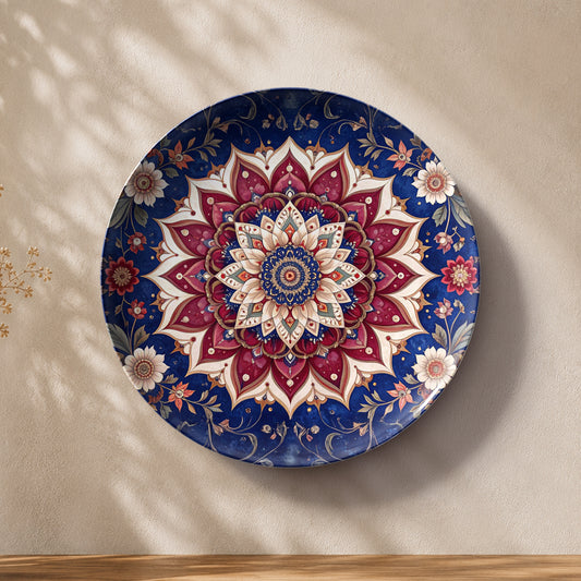 Premium ceramic wall plate showcasing a colourful floral mandala in royal blue, red, pink, and ivory tones.