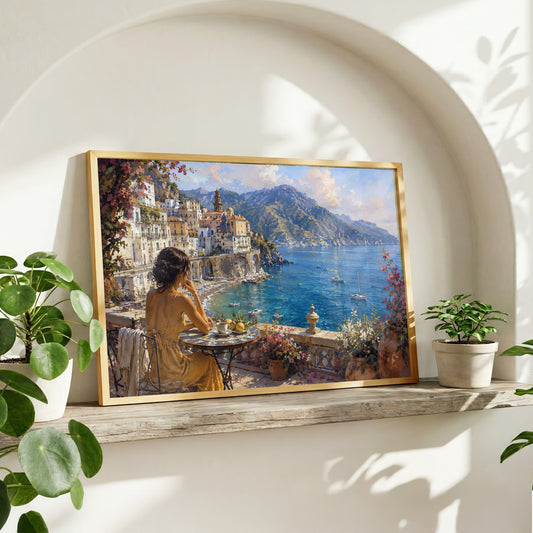 Italian seaside wall art showing a breakfast table, coastal village, mountains, sailing boats, and Amalfi coastline