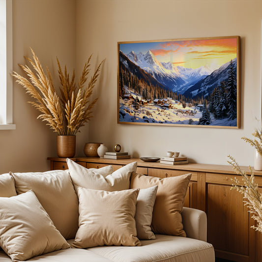 Valley of Dawn – Himalayan Villages Beneath Golden Skies Canvas Wall Art