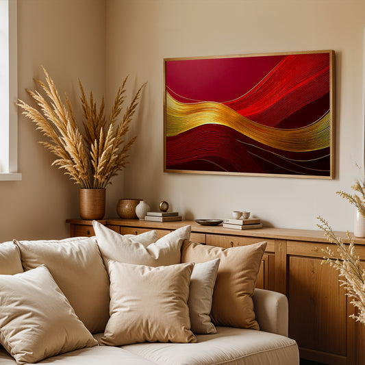 Golden Waves – Flow of Prosperity and Positive Energy ( Vaastu/Feng Shui–inspired Canvas Wall Art )