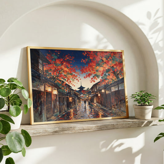 Traditional Kyoto street artwork with autumn maple foliage, wooden houses, glowing lanterns, and a distant pagoda