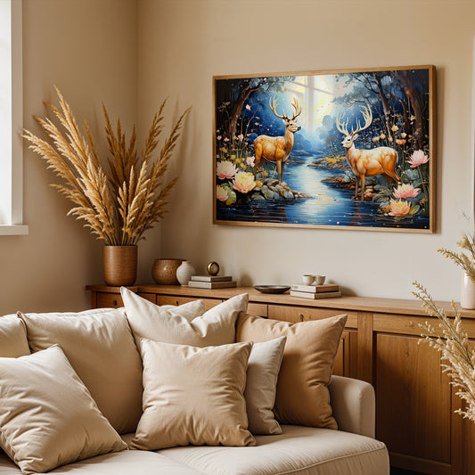 Celestial Harmony – Vaastu-Inspired Deer & Moonlight Canvas Wall Art