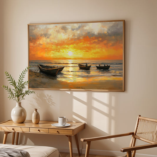 Kerala’s Evening Glow – Tranquil Boats Beneath a Radiant Sunset Sky