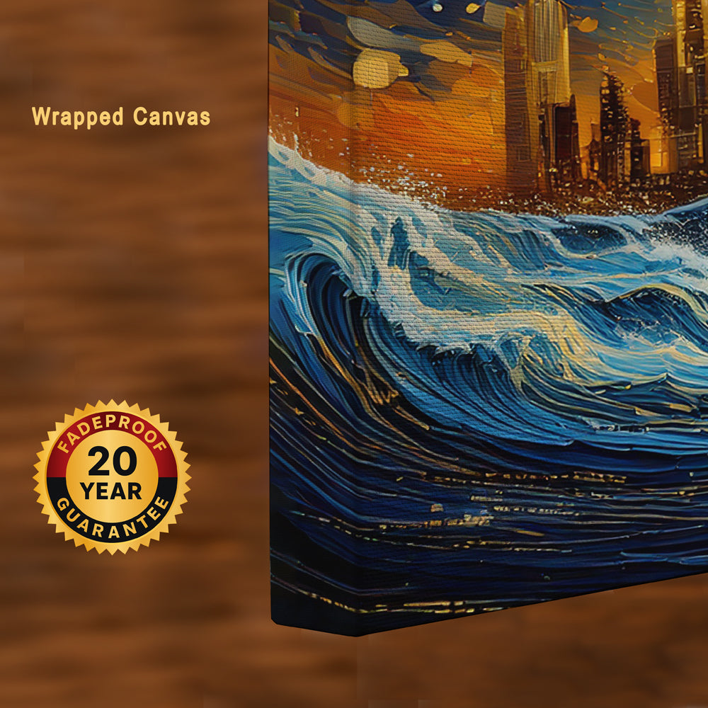 Urban Tide – Where Waves Meet the Skyline Canvas Wall Art