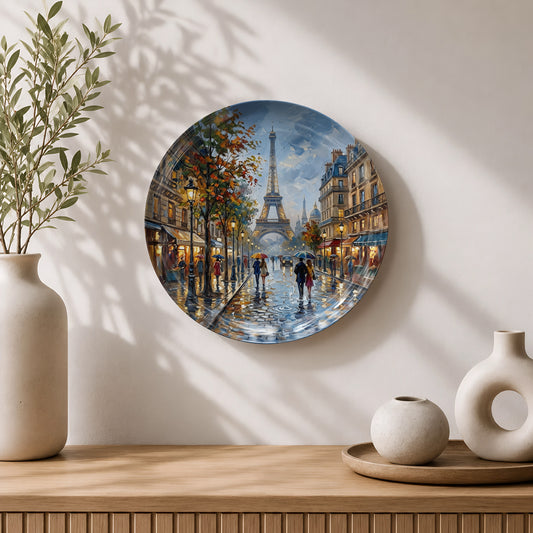 Premium ceramic wall plate showcasing the Eiffel Tower with romantic Paris streets and cafés.