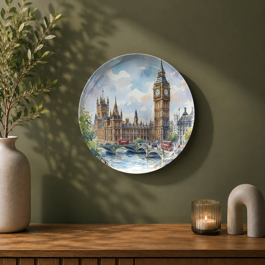 Premium ceramic wall plate showcasing London's iconic Big Ben and Westminster Bridge.