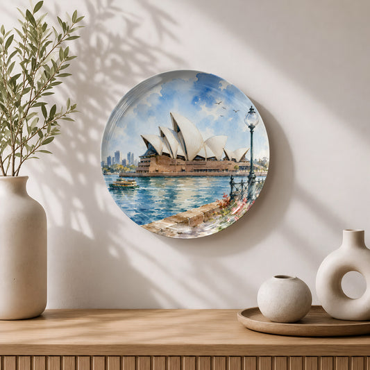 Harbour Harmony ceramic wall plate featuring the iconic Sydney Opera House on Sydney Harbour.
