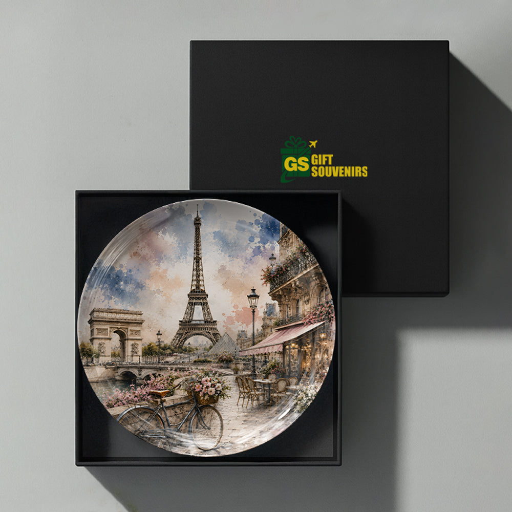 Parisian Romance ceramic wall plate inspired by the romance and charm of the Eiffel Tower and Paris.