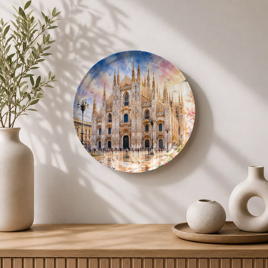 Premium ceramic wall plate showcasing the iconic Milan Cathedral with intricate Gothic architecture.