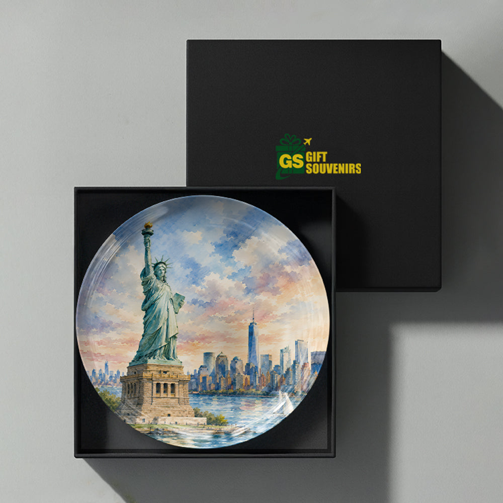Liberty Dawn ceramic wall plate inspired by the timeless beauty of the Statue of Liberty and New York skyline.