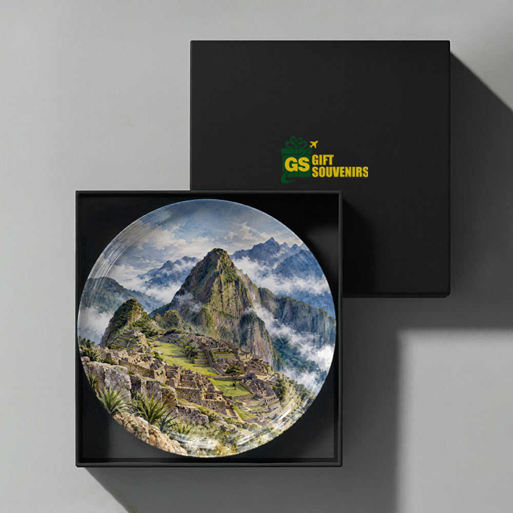 Machu Picchu ceramic wall plate souvenir featuring scenic mountain views, ancient ruins and premium gift box