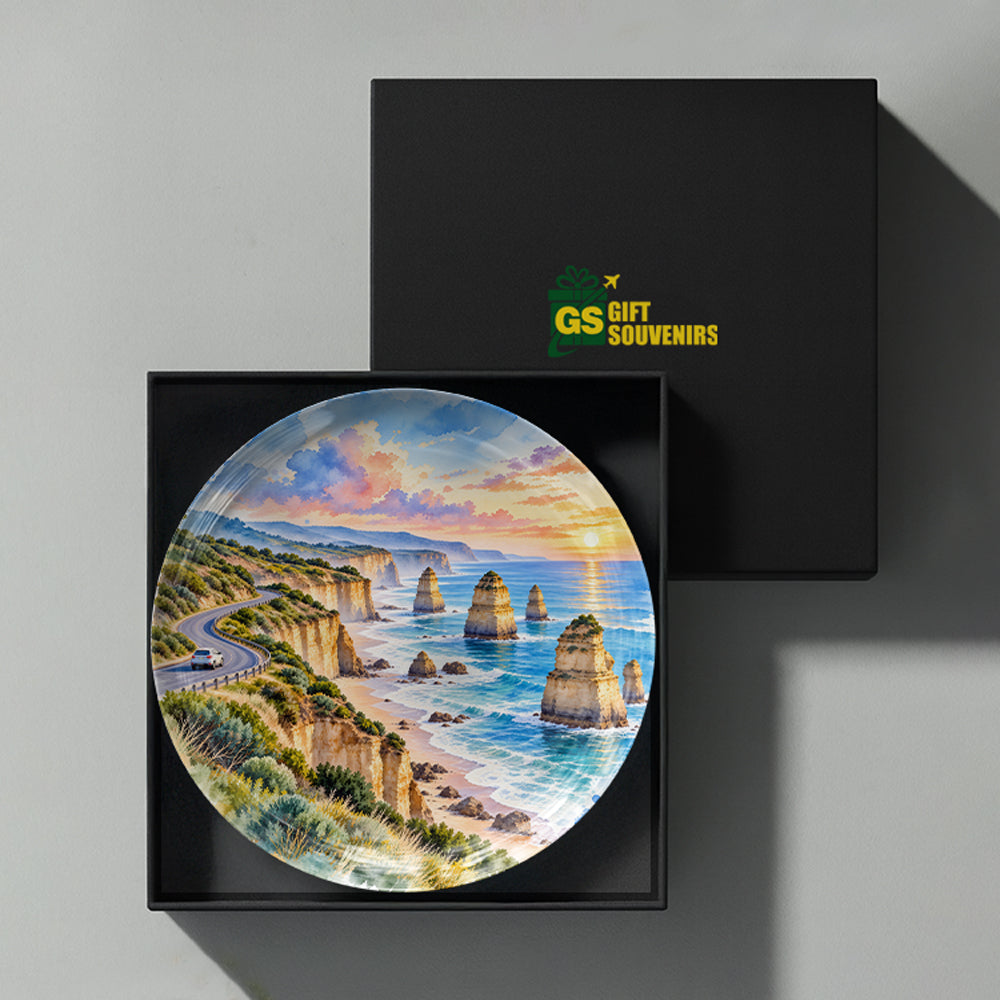 Great Ocean Road Australia ceramic wall plate featuring ocean cliffs, coastal rock formations, winding road and sunset