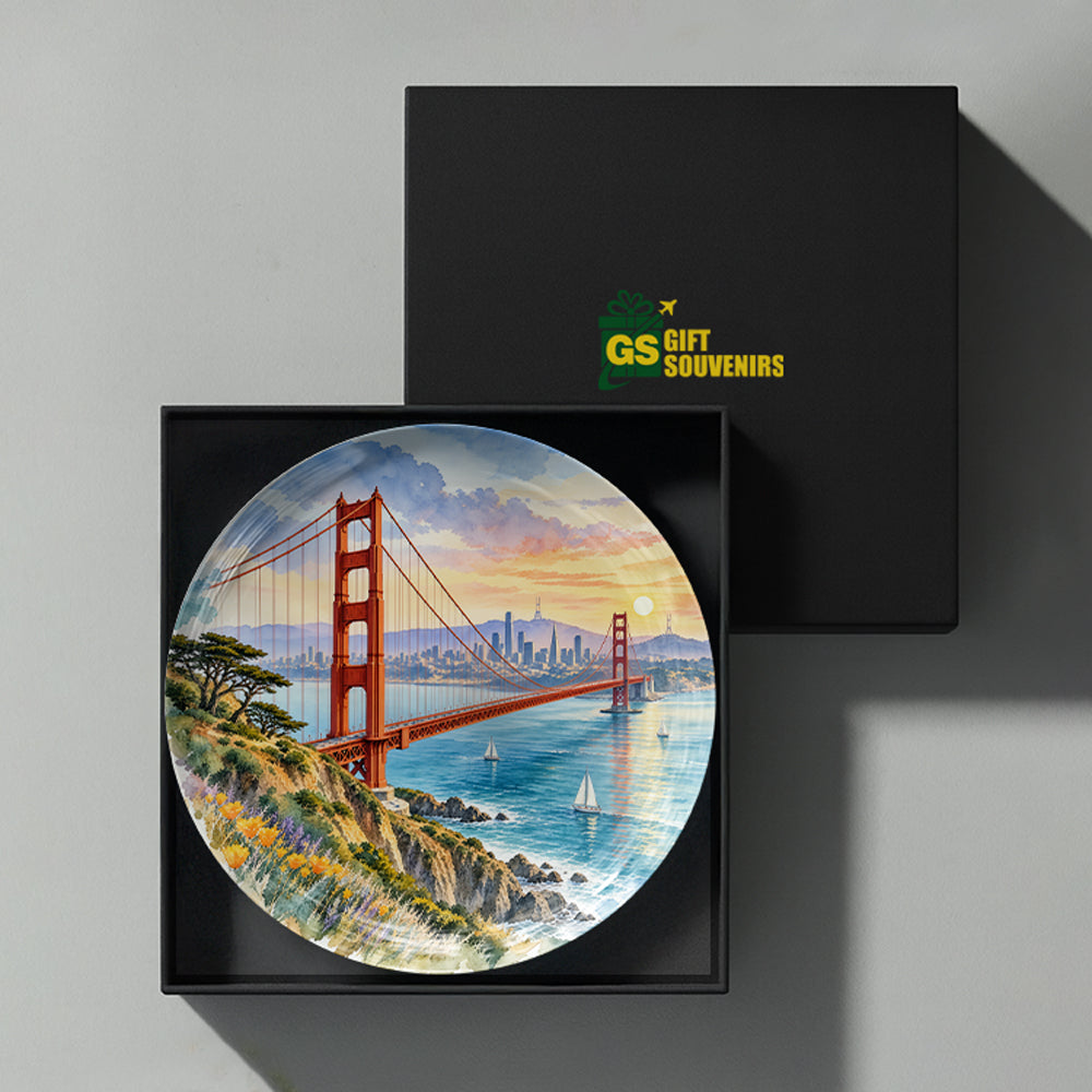 Golden Gate San Francisco ceramic wall plate featuring bridge, blue waters, sailboats and colourful sunset