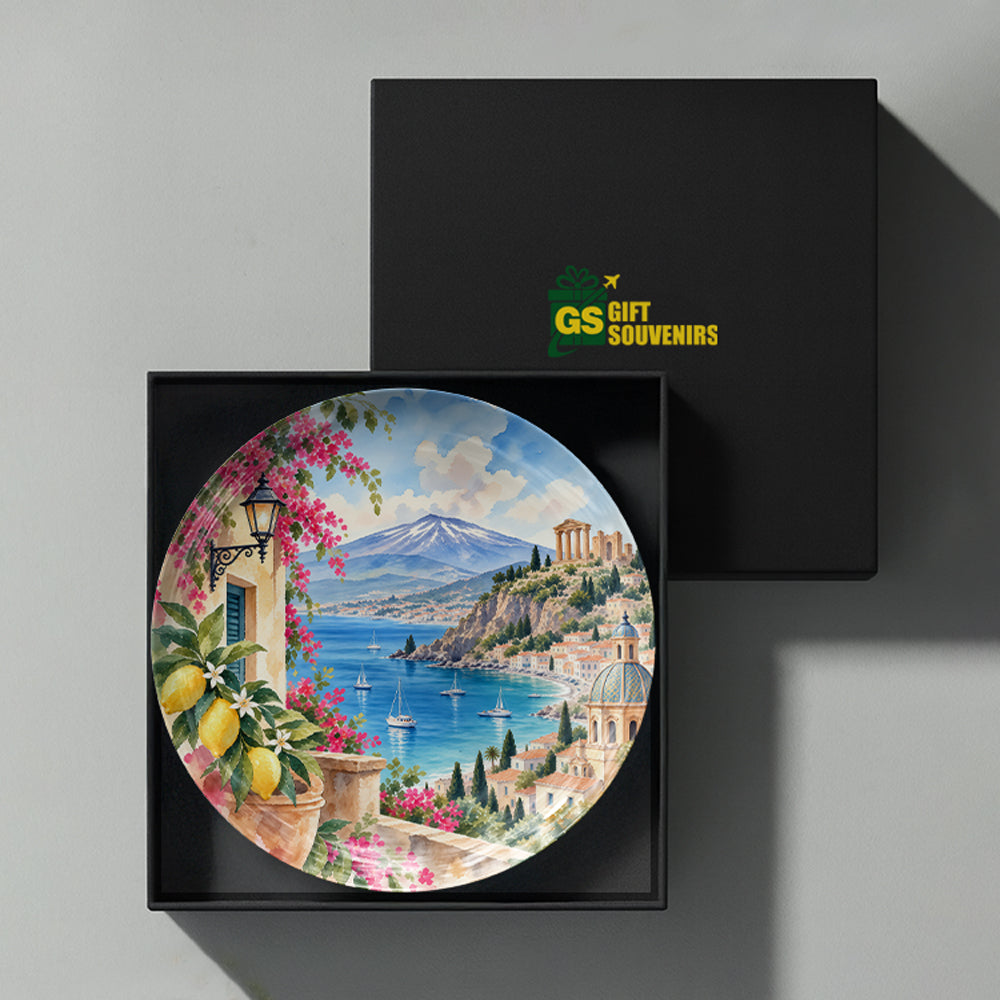 Sicily-inspired ceramic wall plate featuring Mediterranean coast, mountain landscape, lemons and colourful flowers