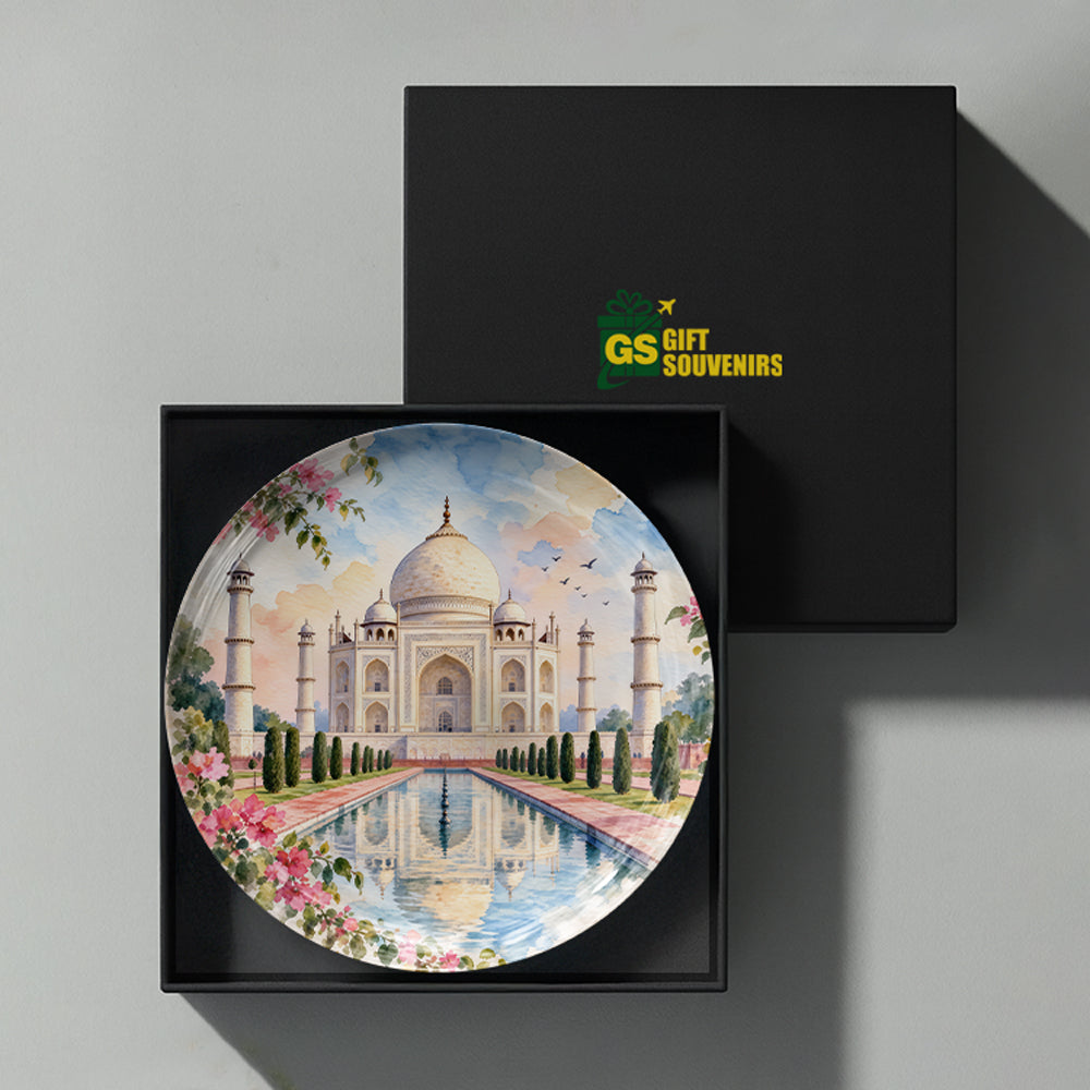 Taj Mahal ceramic wall plate featuring iconic monument, reflecting pool, gardens and floral details