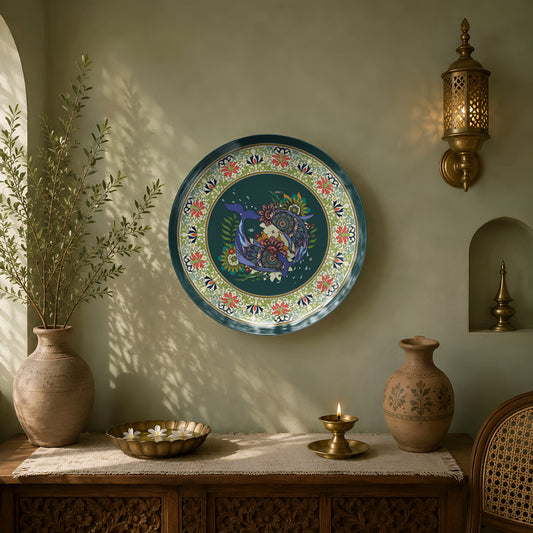 Premium ceramic wall plate with ornate floral medallion and traditional Indian heritage patterns.