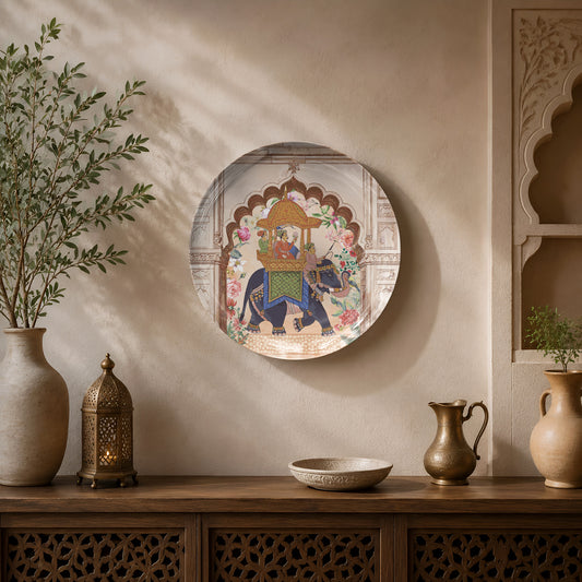 Premium ceramic wall plate inspired by Indian miniature paintings with a royal elephant procession.