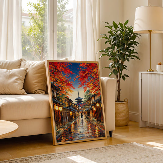 Kyoto-inspired canvas wall art featuring vibrant autumn maple leaves and a lantern-lit historic Japanese street