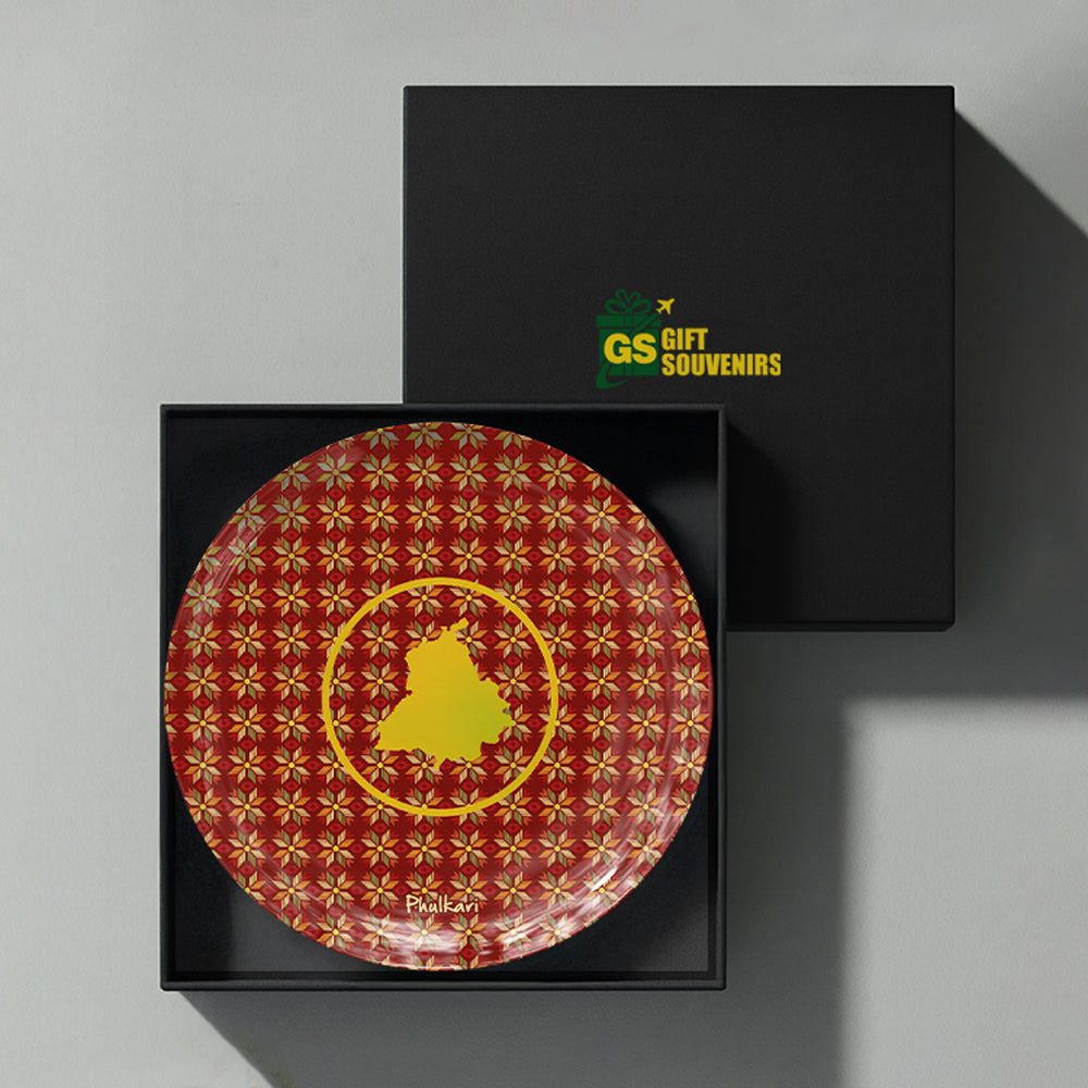 Premium Punjabi ceramic wall plate celebrating Punjab identity, Phulkari and cultural heritage