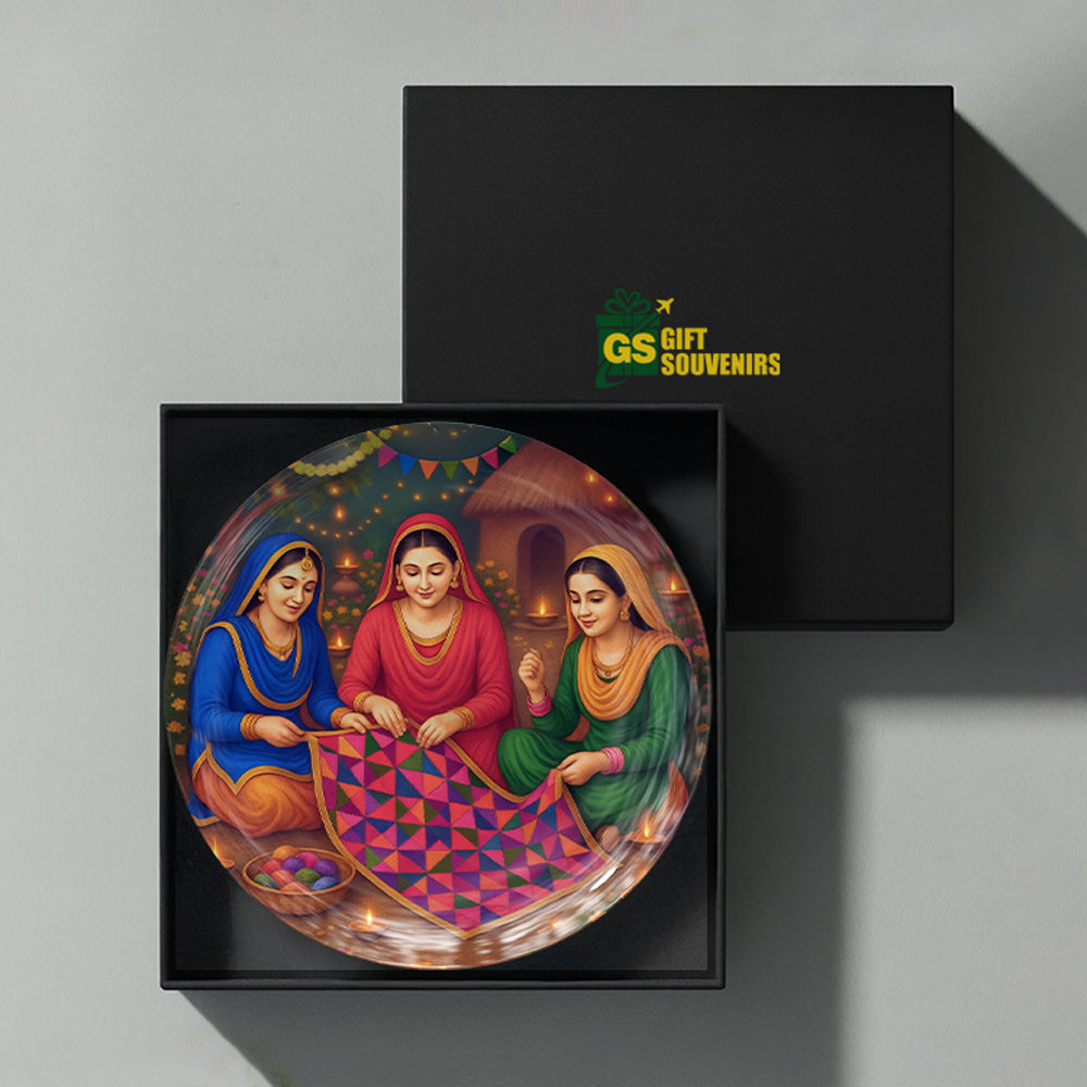 Punjabi Phulkari heritage wall plate souvenir with women creating colourful traditional embroidery