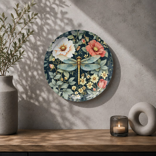 Dragonfly ceramic wall plate souvenir with floral details, leaves and decorative botanical patterns