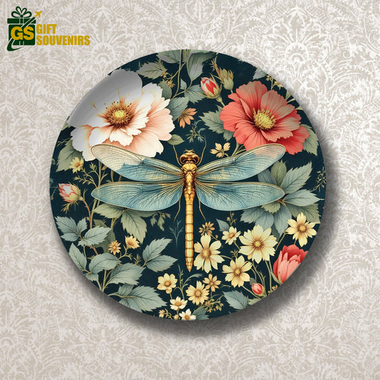 Wings of Elegance – Dragonfly in Bloom Ceramic Plate